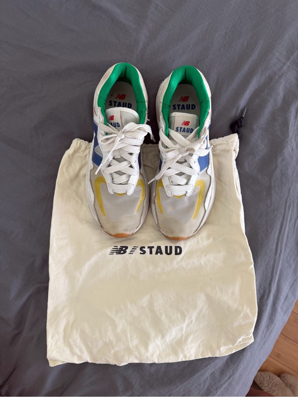 New Balance STAUD collaboration White Sneakers with Blue, Green & Yellow Accents